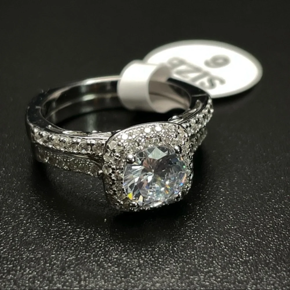 925 Sterling Silver Diamond 2 Band Ring‎ Set Sz 6